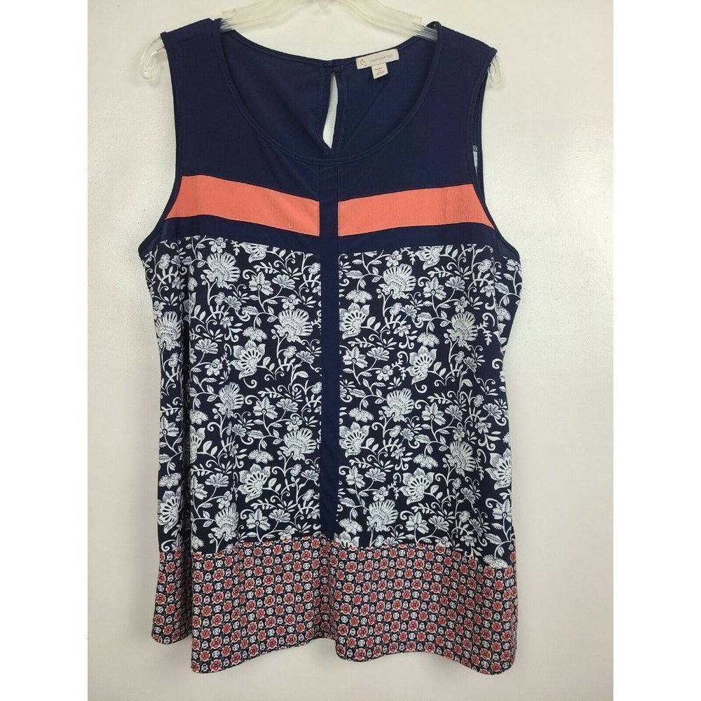 Dress Barn Womens Navy Blue Coral Floral Print Sleeveless Blouse Top Size 1X